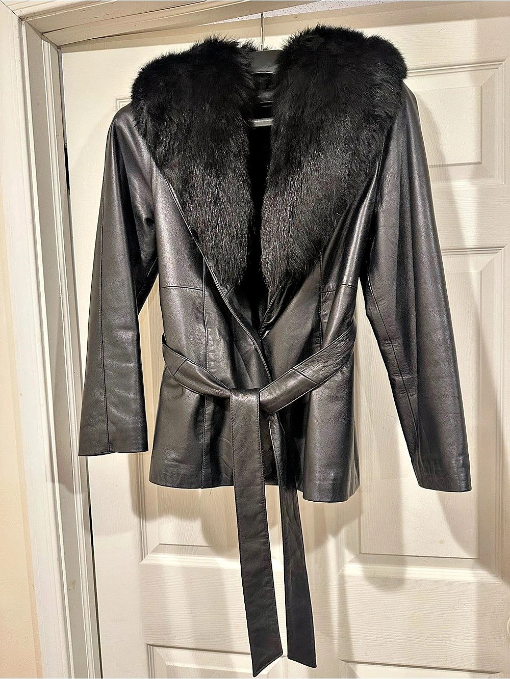 Black Leather Fur Collar Belted Jacket